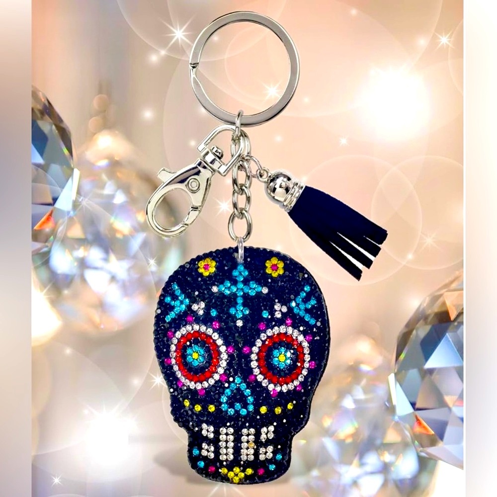 Sugar Skull Rhinestone Keychain | Bag Charm | Gold only